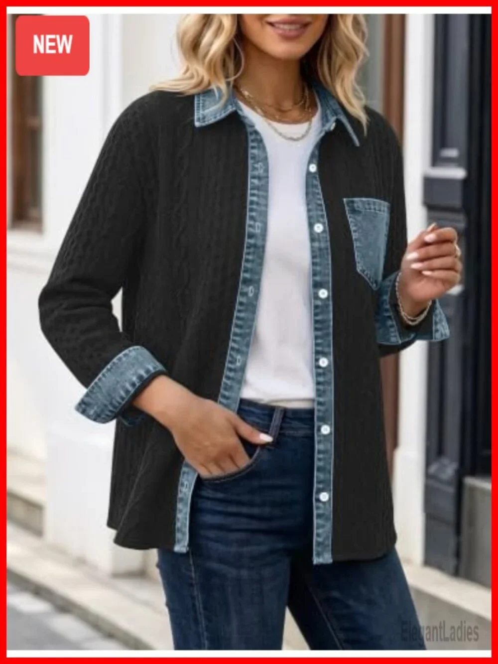 Denim Patchwork Shacket Button Down Loose Long Sleeve Jacket Women Fall Casual